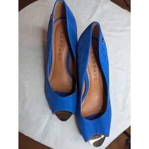 Carrano Blue Suede Peep Toe Wedge Heels Gold Accent Size 7
